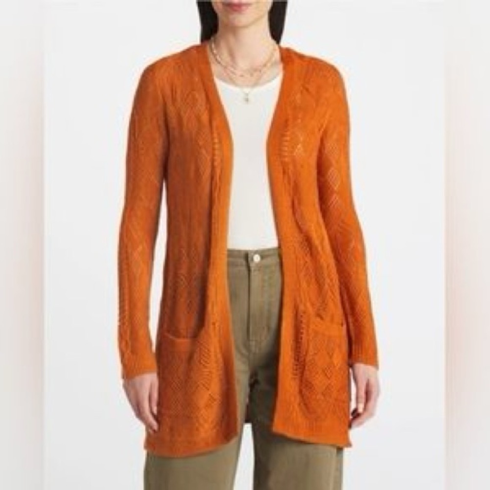 Women's Market & Spruce Cecily Pointelle Open Duster Cardigan, Brown, small NWT